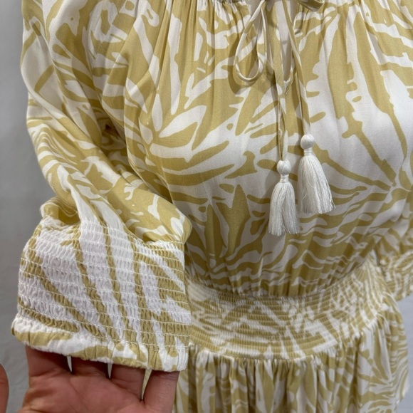 PATRONS OF PEACE Boho Smock Waist Dress Tiered Ruffles Tassels Celery & White‎ S - Picture 6 of 13